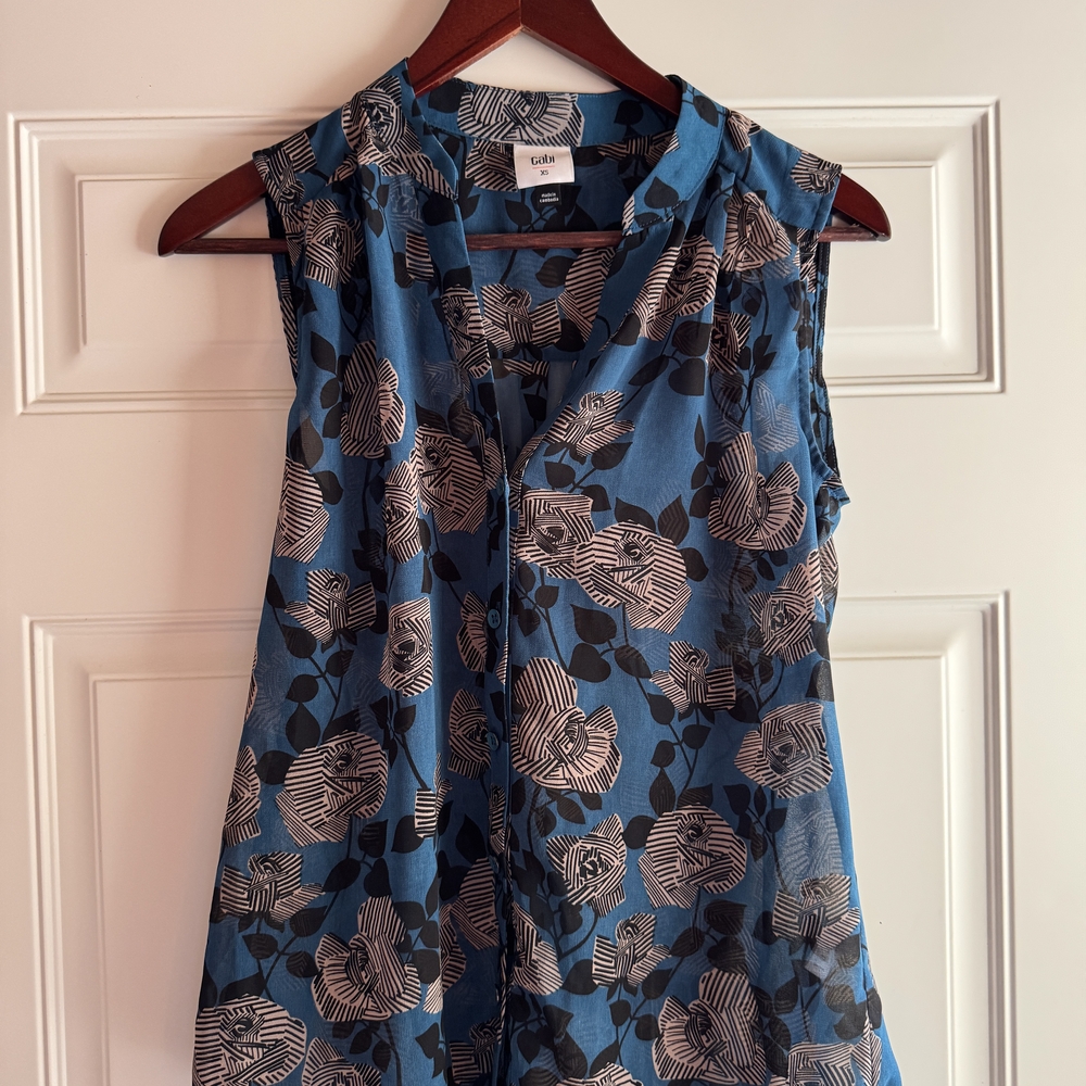 CAbi Blue and Black Graphic Blouse with Mandarin Collar